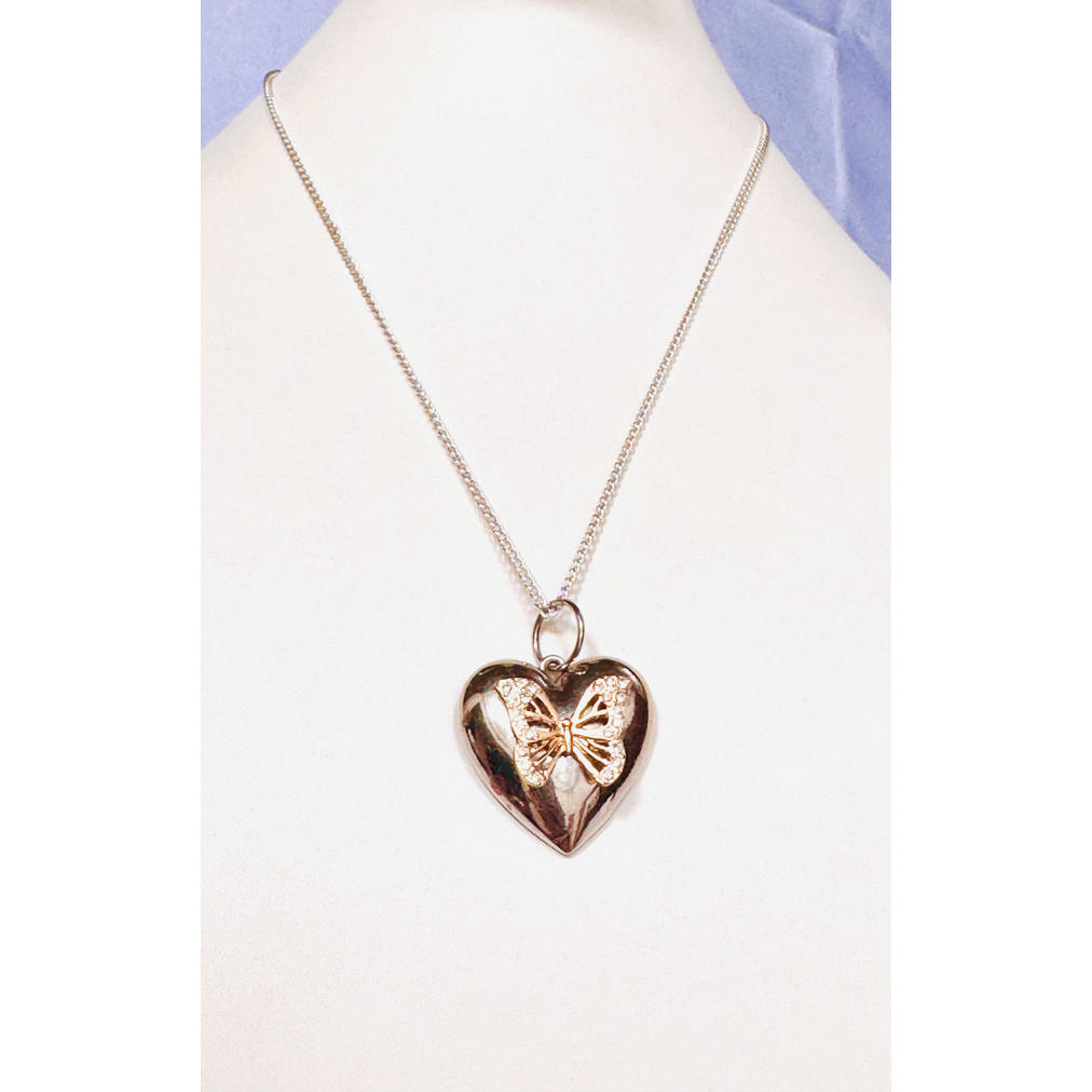 Silver Tone Chain Silver Tone Heart With Rhinestone Gold Tone Butterfly Pendant